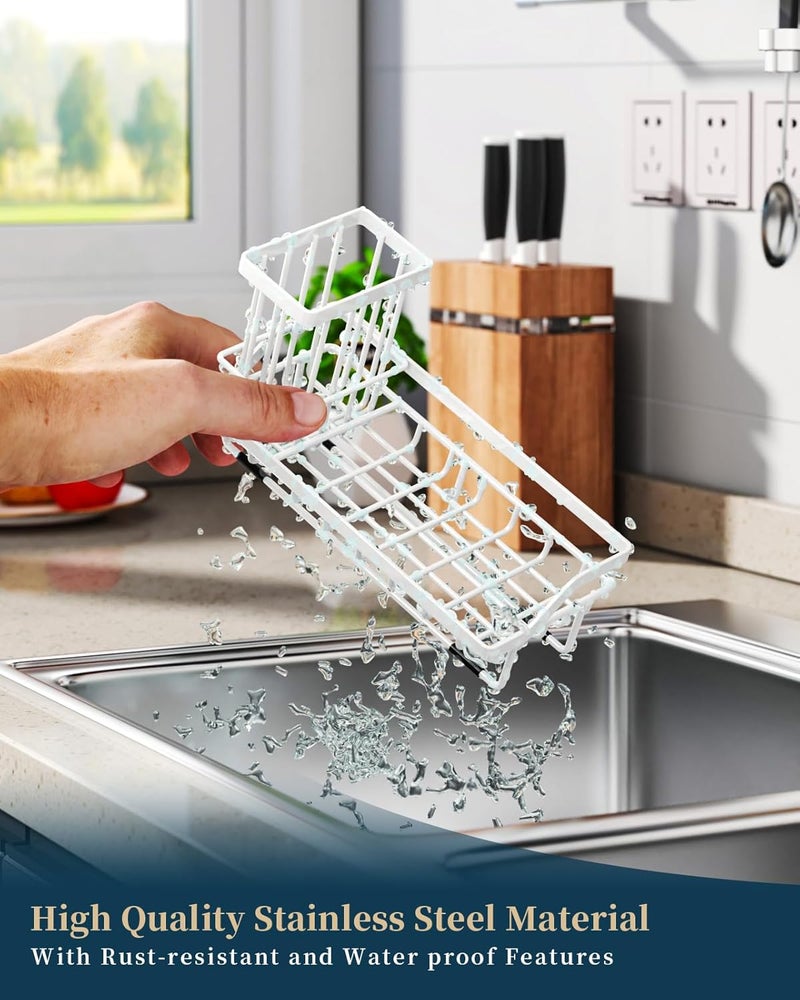 Consumest Sponge Holder for Kitchen Sink - Sink Caddy Organizer with Removable Drip Tray for Countertop Dish Soap Dispenser Brush Storage Kitchen Accessories 304 Stainless Steel, White - Image 5